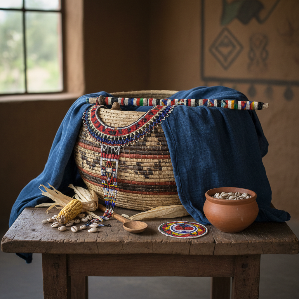 Woven basket, beadwork, and textiles representing Lobola and Roora tradition